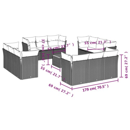 13-Piece Garden Sofa Set with Cushions Outdoor Patio Lounge Furniture Grey Poly Rattan - Image 3