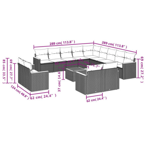 14-Piece Garden Sofa Set with Cushions Outdoor Patio Lounge Furniture Grey Poly Rattan - Image 8