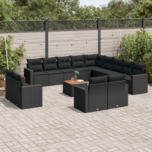 14-Piece Garden Sofa Set with Cushions Outdoor Patio Lounge Furniture Black Poly Rattan - Image 2