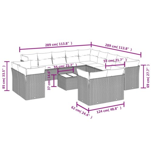 14-Piece Garden Sofa Set with Cushions Outdoor Patio Lounge Furniture Grey Poly Rattan - Image 3