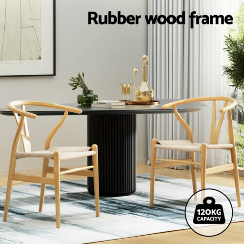 1 Set of 2 Artiss Dining Chairs Wooden Rattan Seat Wishbone Back - Image 4