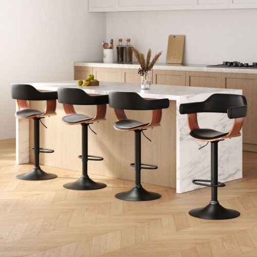 Artiss 4x Bar Stools Gas Lift Leather w/Armrest All Black - Image 2