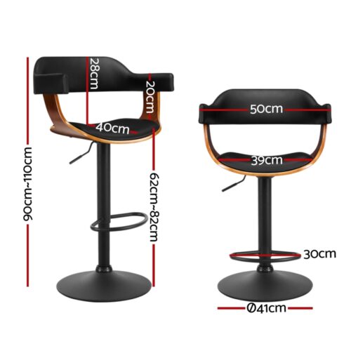 Artiss 4x Bar Stools Gas Lift Leather w/Armrest All Black - Image 3