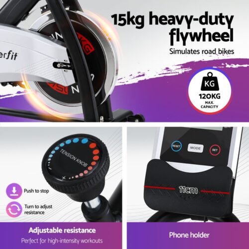 15kg Flywheel Spin Bike Everfit Exercise Bike Home Gym Fitness 120KG Capacity - Image 6