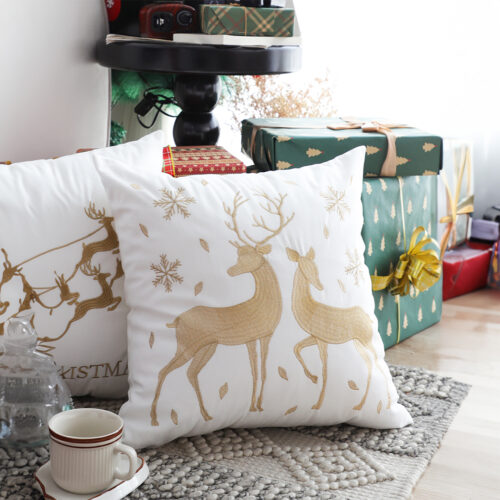 45cm Throw Pillow White with Golden Christmas Reindeer Festive Square Cushion Cozy Winter Decor - Image 2