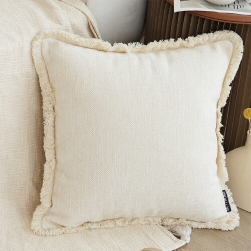 45cm Throw Pillow White Chenille Textured with Tassels Square Cozy Decor - Image 2