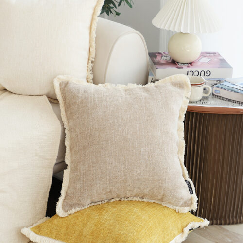 45cm Throw Pillow Latte Color Chenille Textured with Tassels Square Cozy Decor - Image 2