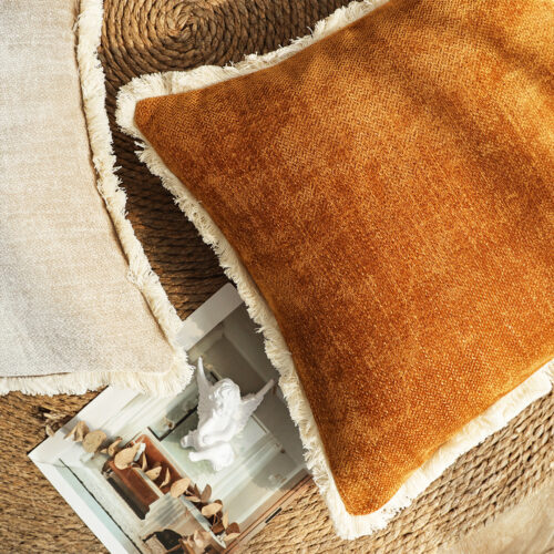 45cm Throw Pillow Sunset Orange Chenille Textured with Tassels Square Cozy Decor - Image 2