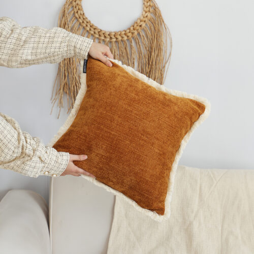 45cm Throw Pillow Sunset Orange Chenille Textured with Tassels Square Cozy Decor - Image 3