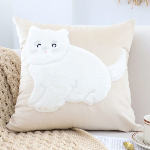 45cm Throw Pillow Light Tan Square Cushion with Soft White Cat Decorative Decor - Image 2