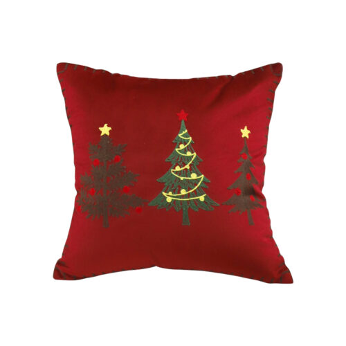 45cm Burgundy Red Throw Pillow with Three Embroidered Christmas Trees Festive Square Cushion Decor