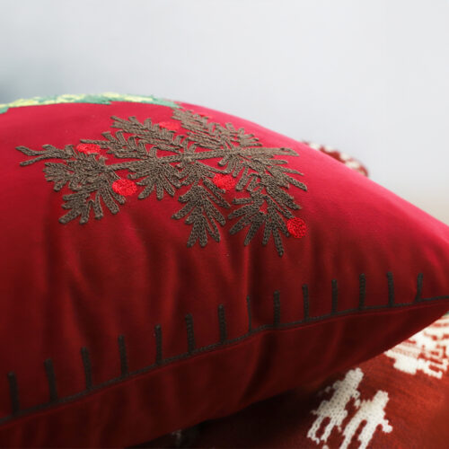45cm Burgundy Red Throw Pillow with Three Embroidered Christmas Trees Festive Square Cushion Decor - Image 2