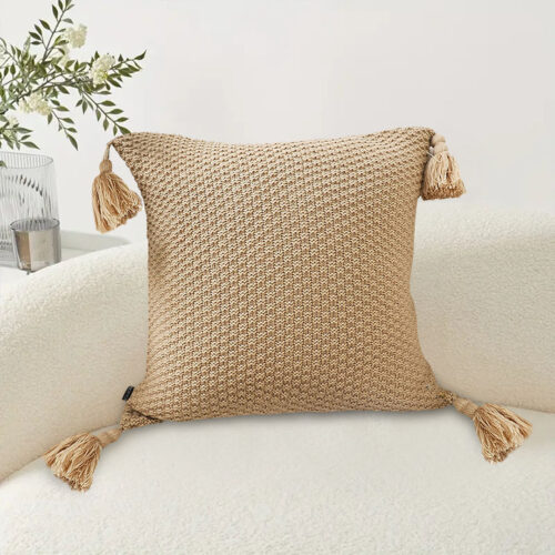 50CM Light Brown Pillow with Tassel Accents Rizzy Transitional Cover Throw Pillow - Image 3