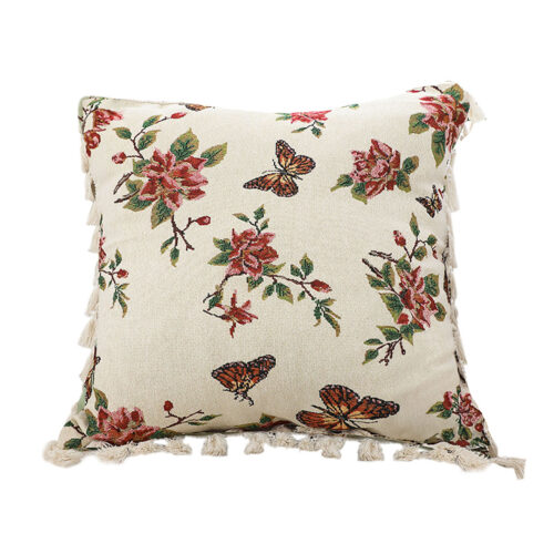 45cm Creamy White French Vintage Butterfly Loves Flowers Tassel Throw Pillow