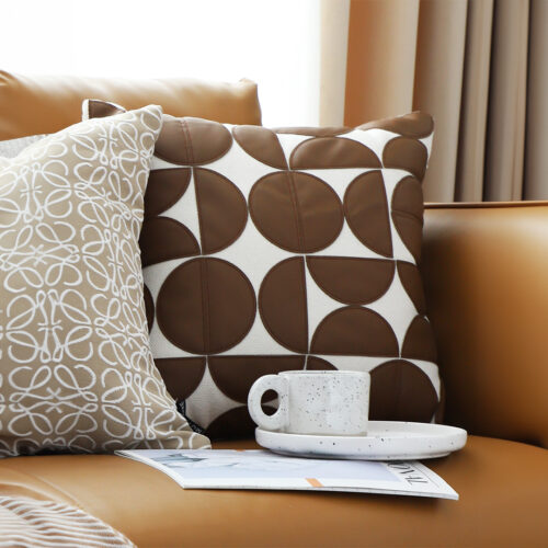 45cm Brown Leather Square Pillow Half Moon Patchwork Decorative Cushion for Living Room - Image 4