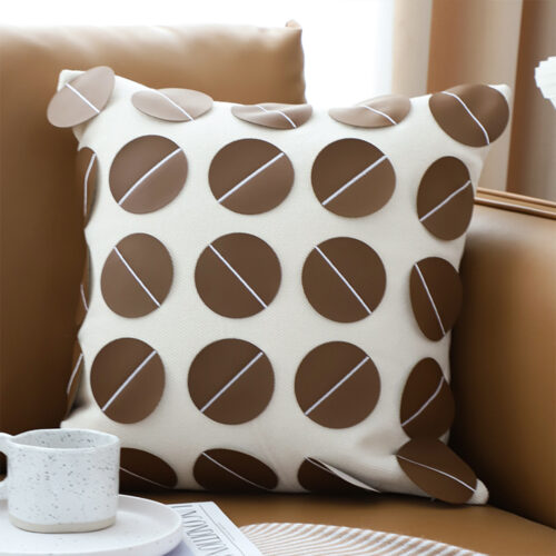 45cm Brown Leather Square Pillow with 3D Circle Pattern Decorative Cushion for Living Room
