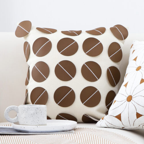 45cm Brown Leather Square Pillow with 3D Circle Pattern Decorative Cushion for Living Room - Image 3
