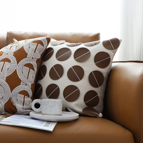 45cm Brown Leather Square Pillow with 3D Circle Pattern Decorative Cushion for Living Room - Image 5