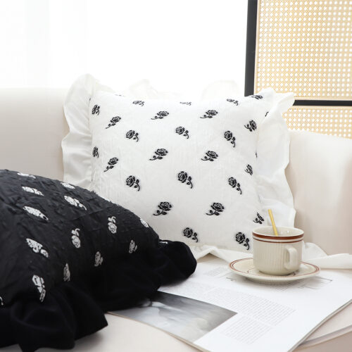 45CM Throw Pillow Black Ruffled Square Decorative Cushion for Rose Lovers Cozy Decor - Image 3
