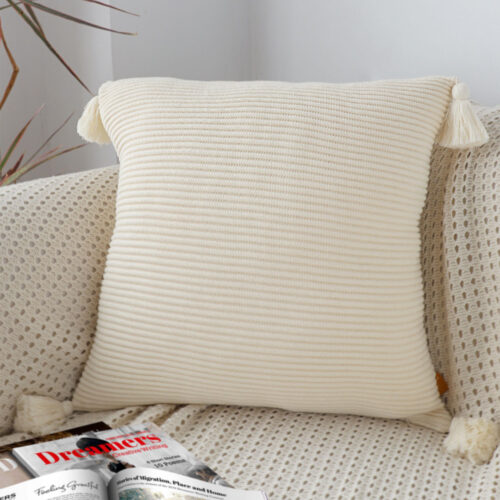 45cm Khaki Wabi-Sabi Thickened Cotton Tassel Square Throw Pillow - Image 4