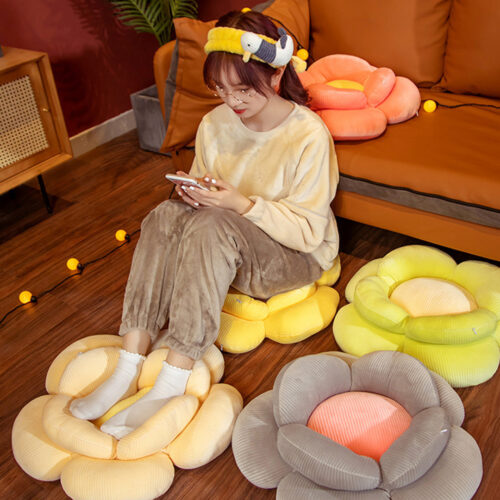 Beige Double Flower Shape Cushion Soft Bedside Floor Plush Pillow Decor - Image 2