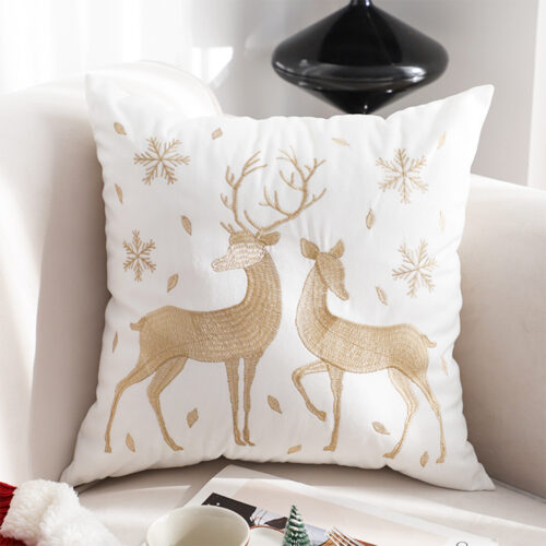2x 45cm Throw Pillow White with Golden Christmas Reindeer Festive Cushion Cozy Winter Decor - Image 2