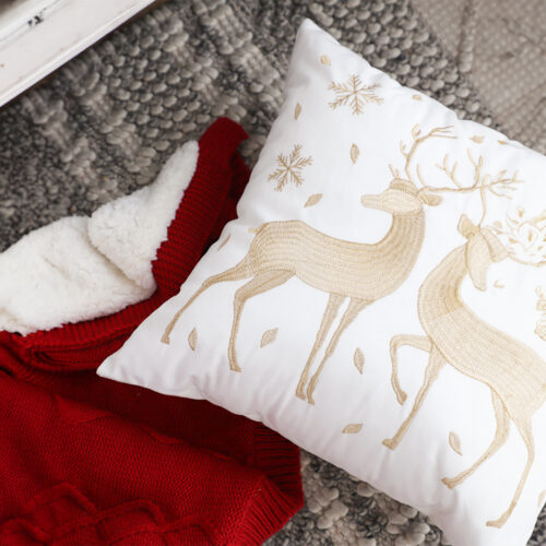 2x 45cm Throw Pillow White with Golden Christmas Reindeer Festive Cushion Cozy Winter Decor - Image 3