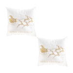 2x 45cm Throw Pillow White with Golden Christmas Sleigh Festive Square Cushion Decor