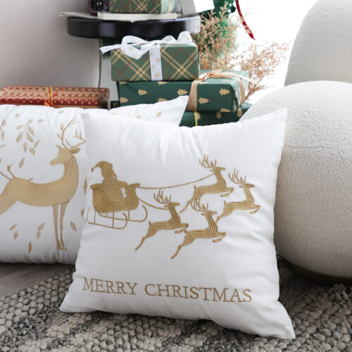 2x 45cm Throw Pillow White with Golden Christmas Sleigh Festive Square Cushion Decor - Image 5