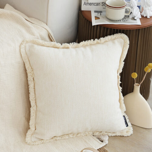 2x 45cm Throw Pillow White Chenille Textured with Tassels Square Cozy Decor - Image 2