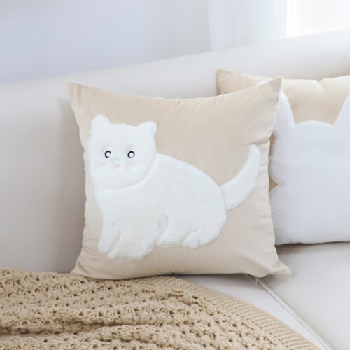 2x 45cm Throw Pillow Light Tan Square Cushion with Soft White Cat Decorative Decor - Image 3