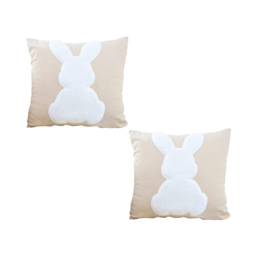 2x 45cm Throw Pillow Light Tan Square Cushion with Soft White Rabbit Decorative Decor