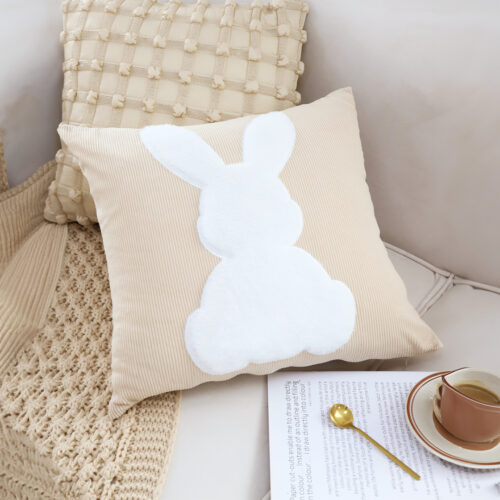 2x 45cm Throw Pillow Light Tan Square Cushion with Soft White Rabbit Decorative Decor - Image 3