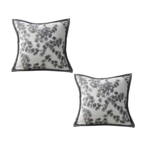 2x 45cm Throw Pillow Off White Wide Border with Branch Pine Needle Pattern Decor