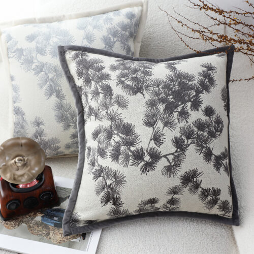 2x 45cm Throw Pillow Off White Wide Border with Branch Pine Needle Pattern Decor - Image 3