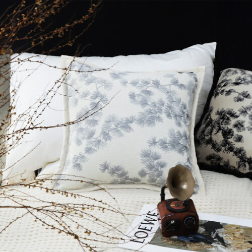 2x 45cm Throw Pillow Cream White Wide Border with Branch Pine Needle Pattern Decor - Image 4