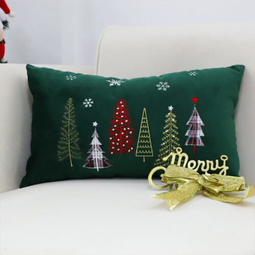 2x 30cm Throw Pillow Green Christmas Forest Embroidered Lumbar for Festive Cushion Decor - Image 2