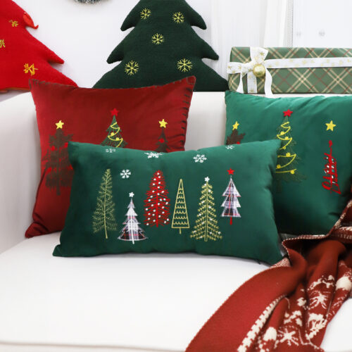 2x 30cm Throw Pillow Green Christmas Forest Embroidered Lumbar for Festive Cushion Decor - Image 3