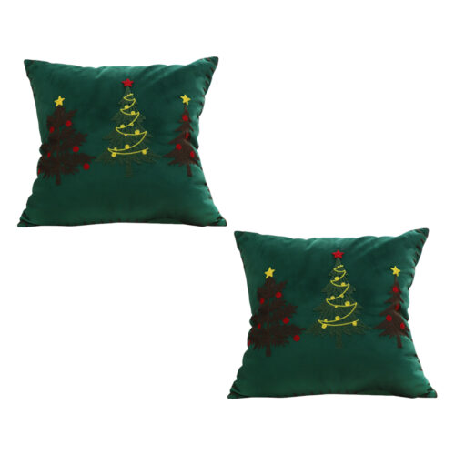 2x 45cm Throw Pillow Green Three Embroidered Christmas Trees for Festive Square Cushion Decor