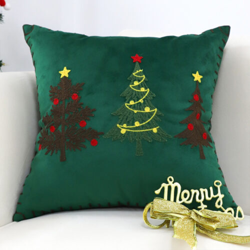 2x 45cm Throw Pillow Green Three Embroidered Christmas Trees for Festive Square Cushion Decor - Image 2