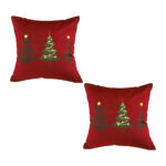 2x 45cm Burgundy Red Throw Pillow with Three Embroidered Christmas Trees Festive Square Cushion Decor