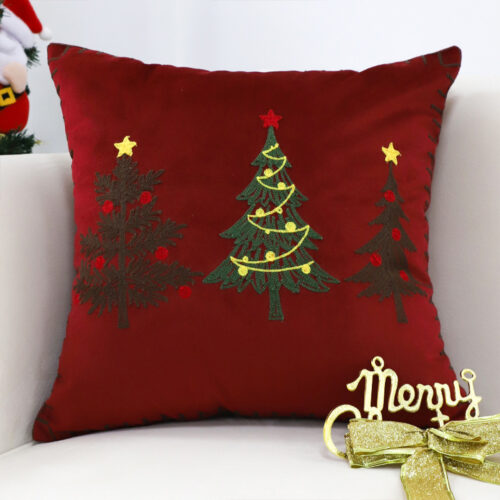 2x 45cm Burgundy Red Throw Pillow with Three Embroidered Christmas Trees Festive Square Cushion Decor - Image 2
