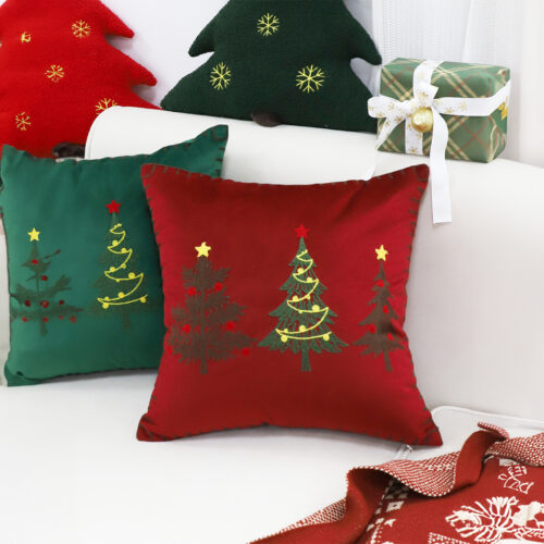 2x 45cm Burgundy Red Throw Pillow with Three Embroidered Christmas Trees Festive Square Cushion Decor - Image 3