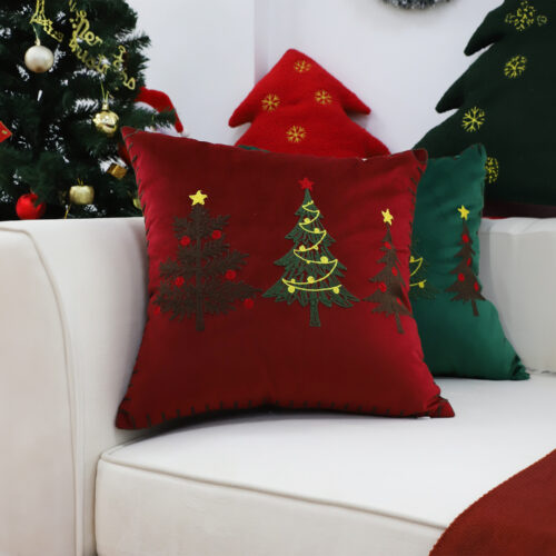 2x 45cm Burgundy Red Throw Pillow with Three Embroidered Christmas Trees Festive Square Cushion Decor - Image 4
