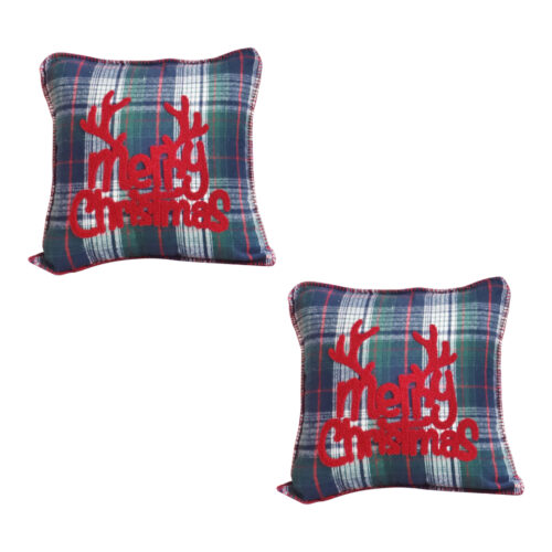 2x 45cm Throw Pillow Multicolor Christmas Plaid with Antler for Festive Square Cushion Decor