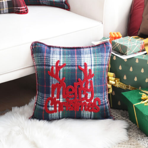 2x 45cm Throw Pillow Multicolor Christmas Plaid with Antler for Festive Square Cushion Decor - Image 2