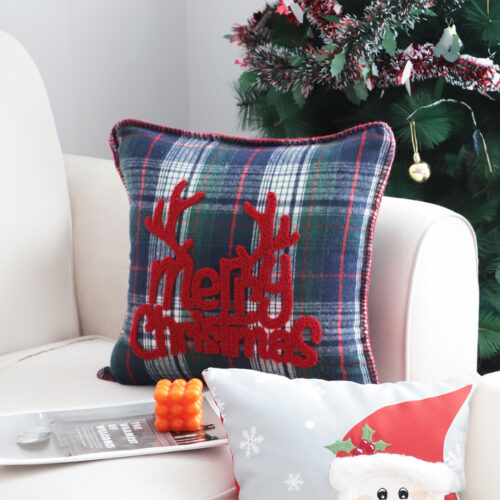 2x 45cm Throw Pillow Multicolor Christmas Plaid with Antler for Festive Square Cushion Decor - Image 3
