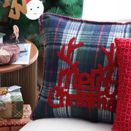 2x 45cm Throw Pillow Multicolor Christmas Plaid with Antler for Festive Square Cushion Decor - Image 4
