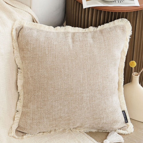 2x 45cm Milk Coffee Chenille Texture Tassel Square Throw pillow - Image 2