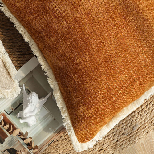 2x 45cm Chenille Texture Tassel Square Sunset Orange Throw Pillow - Image 6